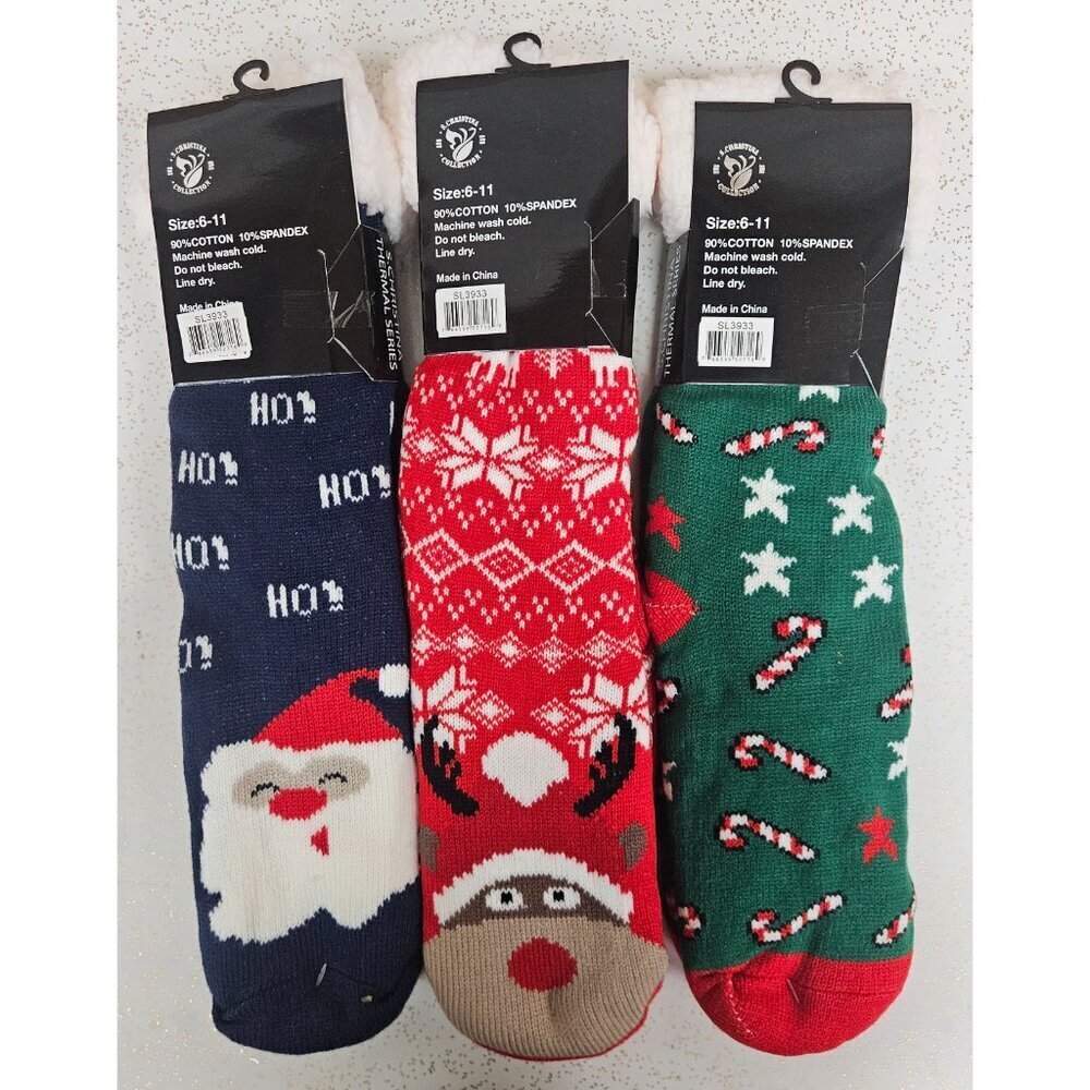 Women Thick Winter Fuzzy Socks Non-Slip Grip, Cozy Christmas Designs 3-Pack 6-11 - Picture 2 of 5